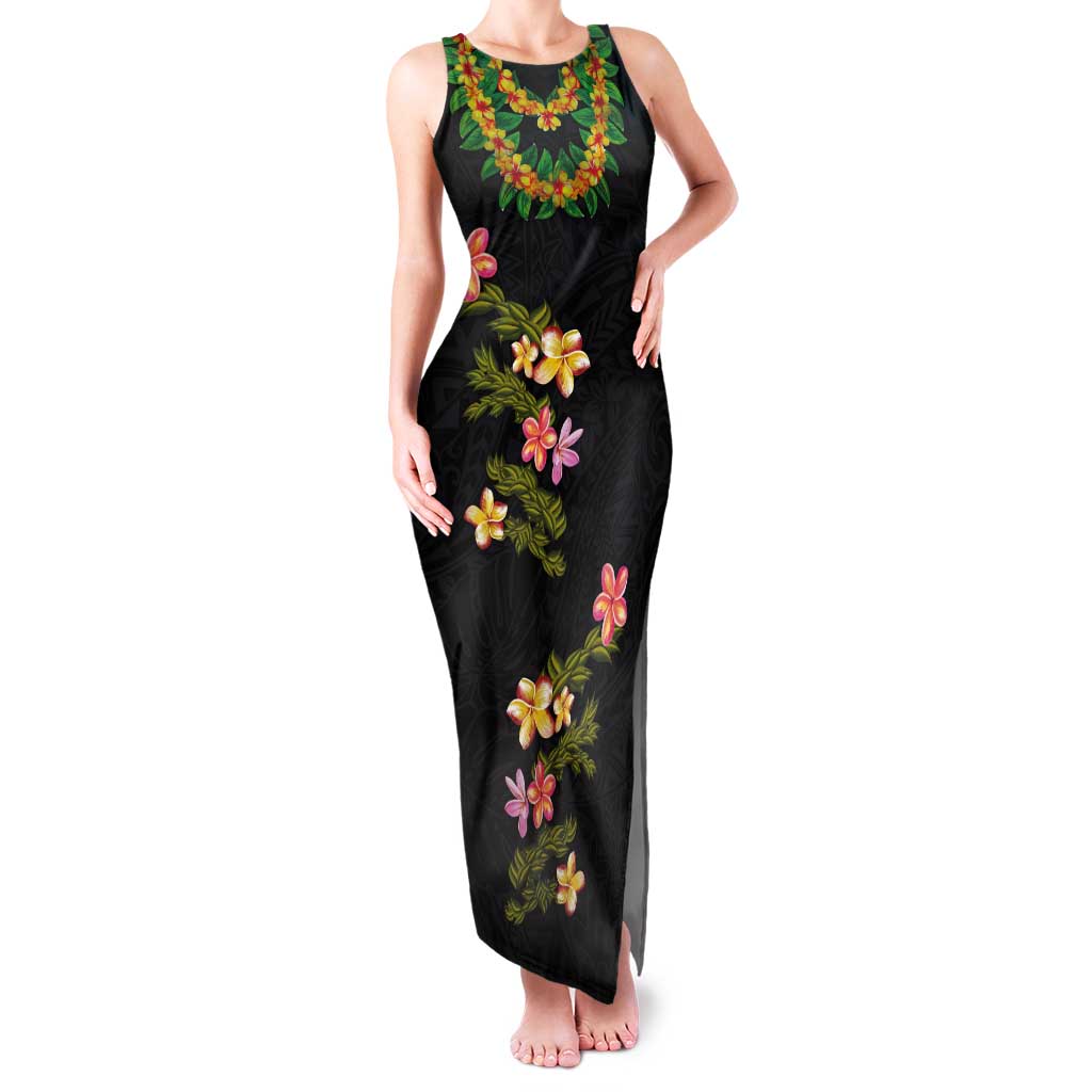 Hawaiian Lei Plumeria and Tropical Leaves Tank Maxi Dress Watercolor Style LT03 Women Black - Polynesian Pride
