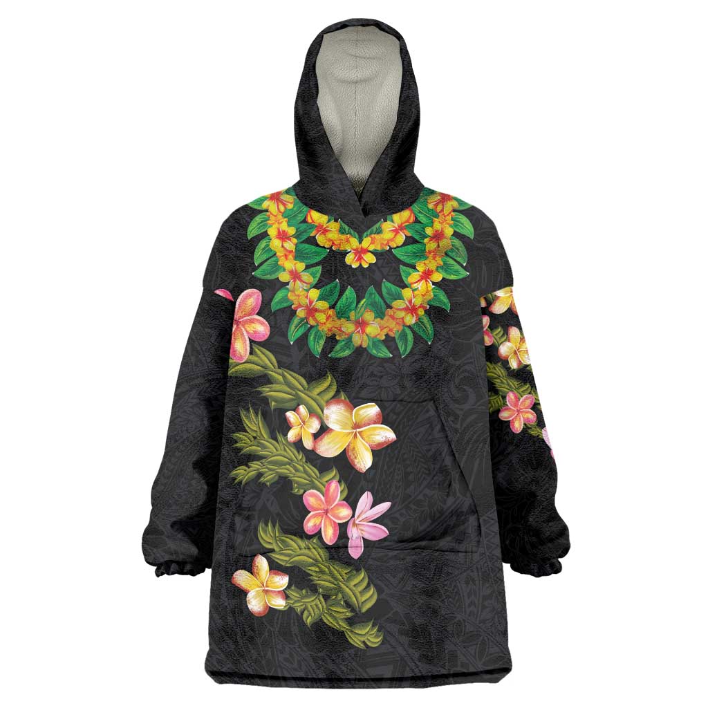 Hawaiian Lei Plumeria and Tropical Leaves Wearable Blanket Hoodie Watercolor Style LT03 One Size Black - Polynesian Pride