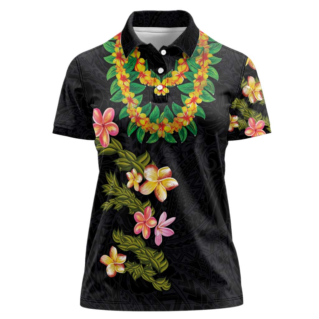 Hawaiian Lei Plumeria and Tropical Leaves Women Polo Shirt Watercolor Style LT03 Female Black - Polynesian Pride