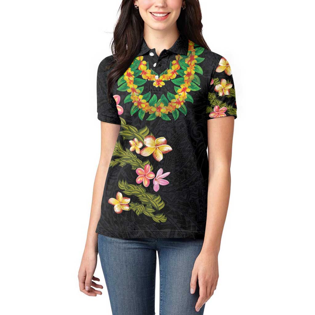 Hawaiian Lei Plumeria and Tropical Leaves Women Polo Shirt Watercolor Style LT03 - Polynesian Pride