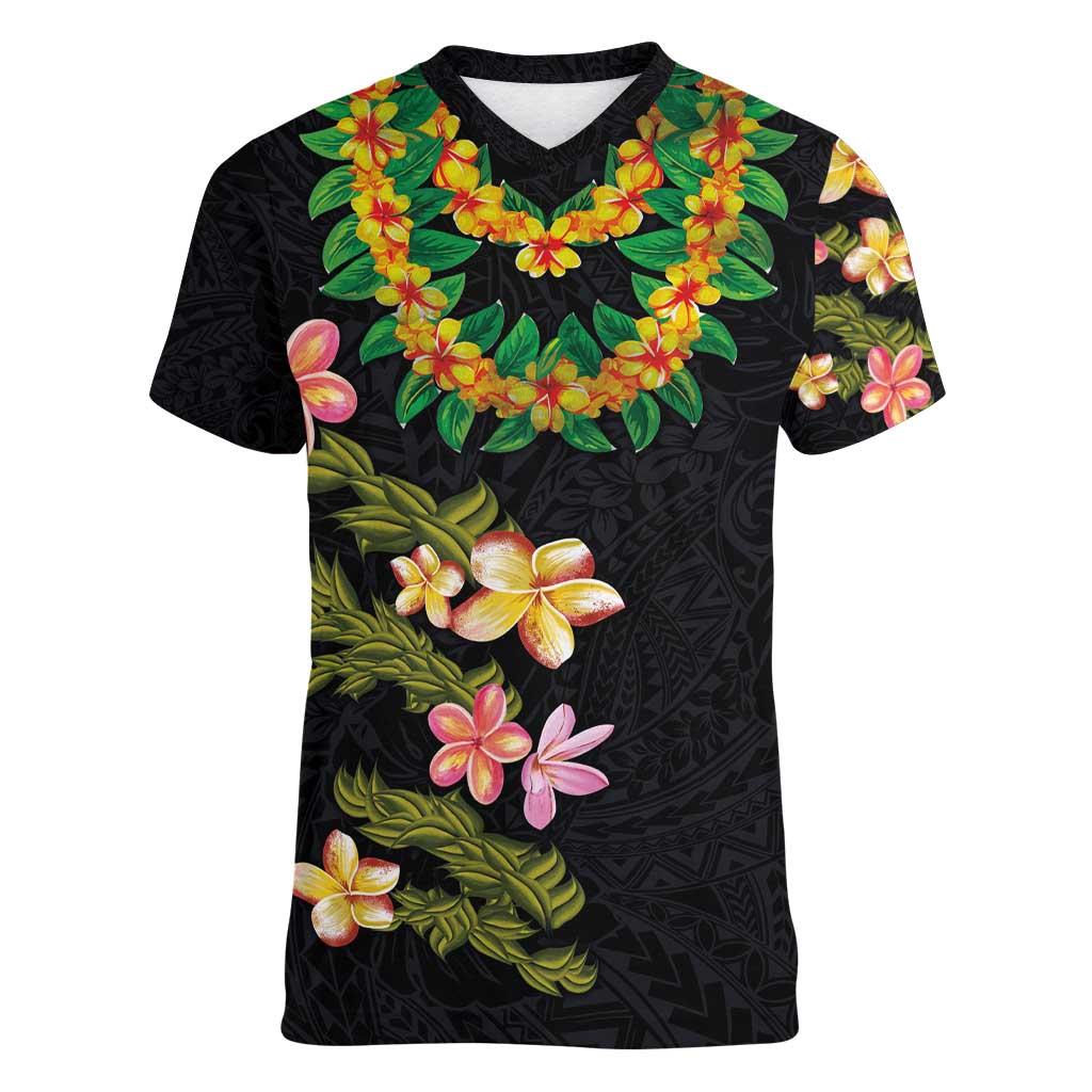 Hawaiian Lei Plumeria and Tropical Leaves Women V-Neck T-Shirt Watercolor Style LT03 Female Black - Polynesian Pride
