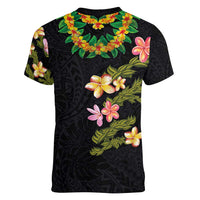 Hawaiian Lei Plumeria and Tropical Leaves Women V-Neck T-Shirt Watercolor Style LT03 - Polynesian Pride