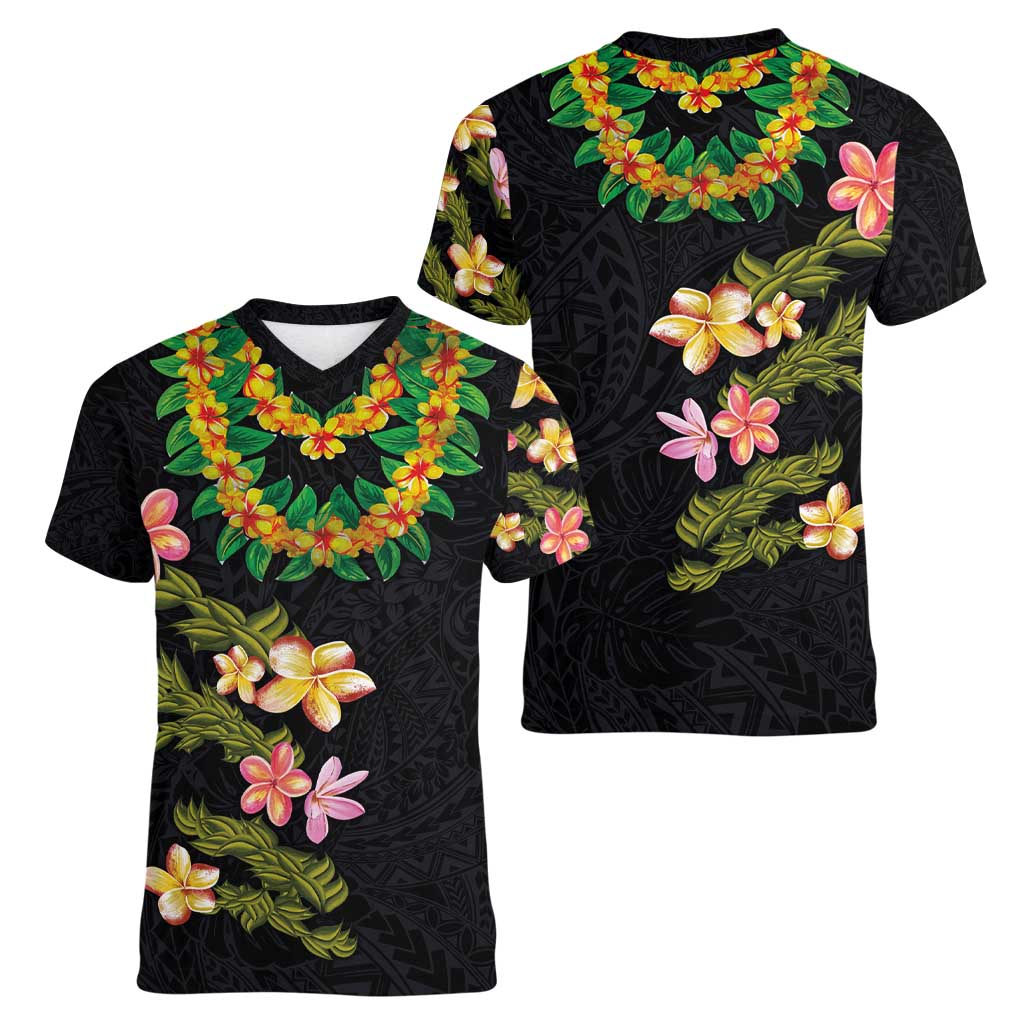 Hawaiian Lei Plumeria and Tropical Leaves Women V-Neck T-Shirt Watercolor Style LT03 - Polynesian Pride
