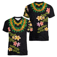 Hawaiian Lei Plumeria and Tropical Leaves Women V-Neck T-Shirt Watercolor Style LT03 - Polynesian Pride