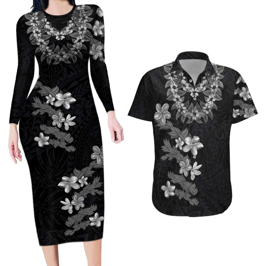 Hawaiian Lei Plumeria and Tropical Leaves Couples Matching Long Sleeve Bodycon Dress and Hawaiian Shirt Watercolor Style-Grayscale