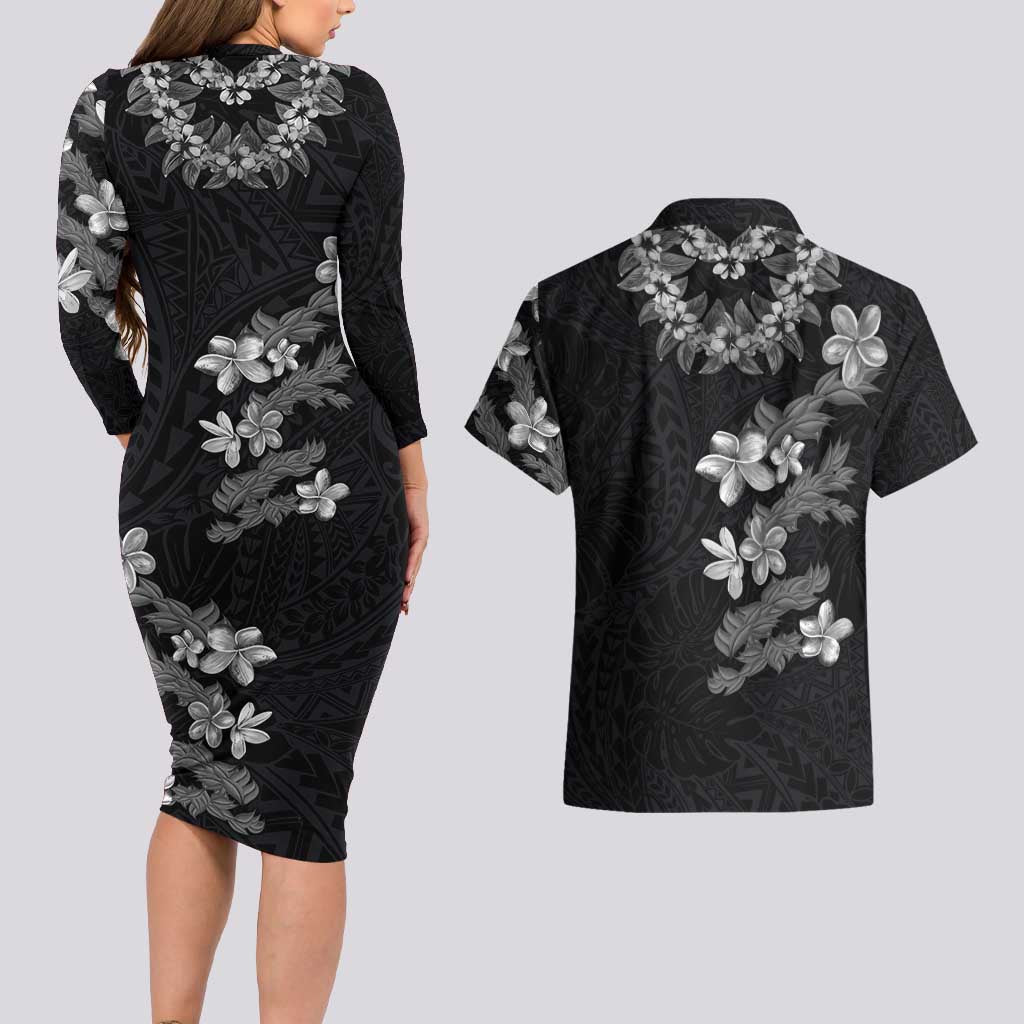 Hawaiian Lei Plumeria and Tropical Leaves Couples Matching Long Sleeve Bodycon Dress and Hawaiian Shirt Watercolor Style-Grayscale