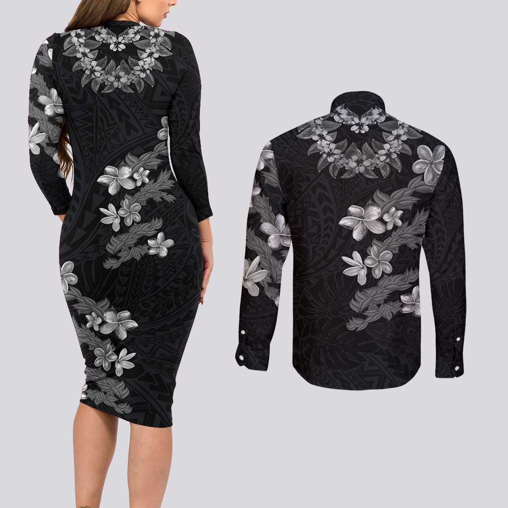 Hawaiian Lei Plumeria and Tropical Leaves Couples Matching Long Sleeve Bodycon Dress and Long Sleeve Button Shirt Watercolor Style-Grayscale