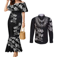 Hawaiian Lei Plumeria and Tropical Leaves Couples Matching Mermaid Dress and Long Sleeve Button Shirt Watercolor Style-Grayscale