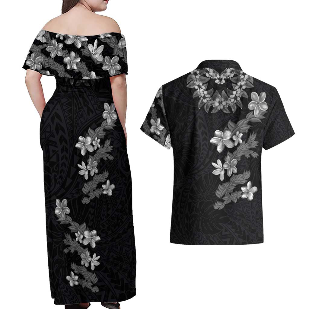 Hawaiian Lei Plumeria and Tropical Leaves Couples Matching Off Shoulder Maxi Dress and Hawaiian Shirt Watercolor Style-Grayscale