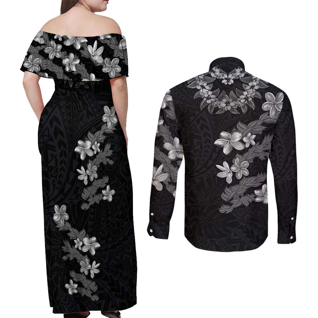 Hawaiian Lei Plumeria and Tropical Leaves Couples Matching Off Shoulder Maxi Dress and Long Sleeve Button Shirt Watercolor Style-Grayscale