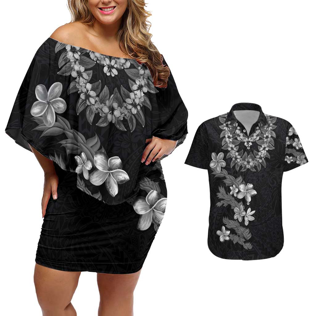 Hawaiian Lei Plumeria and Tropical Leaves Couples Matching Off Shoulder Short Dress and Hawaiian Shirt Watercolor Style-Grayscale