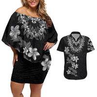 Hawaiian Lei Plumeria and Tropical Leaves Couples Matching Off Shoulder Short Dress and Hawaiian Shirt Watercolor Style-Grayscale