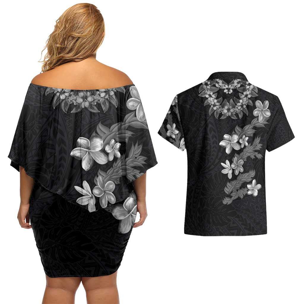 Hawaiian Lei Plumeria and Tropical Leaves Couples Matching Off Shoulder Short Dress and Hawaiian Shirt Watercolor Style-Grayscale