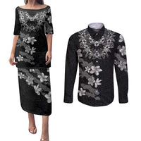 Hawaiian Lei Plumeria and Tropical Leaves Couples Matching Puletasi and Long Sleeve Button Shirt Watercolor Style-Grayscale LT03 Black - Polynesian Pride