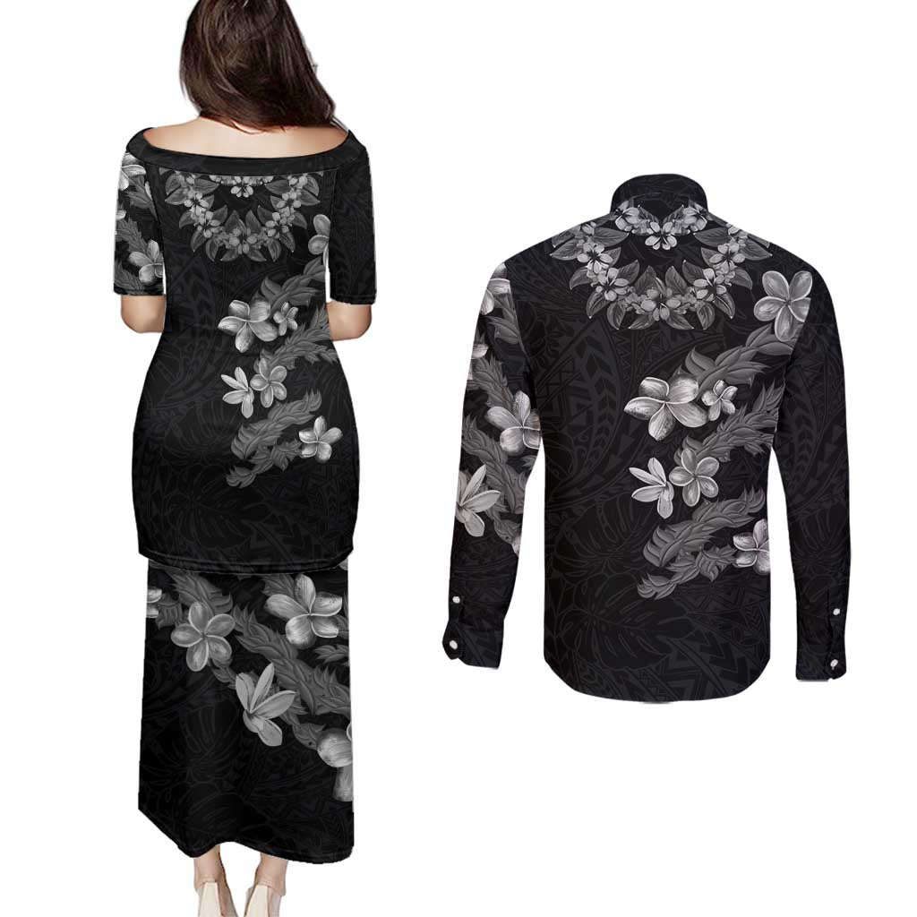 Hawaiian Lei Plumeria and Tropical Leaves Couples Matching Puletasi and Long Sleeve Button Shirt Watercolor Style-Grayscale LT03 - Polynesian Pride