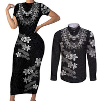Hawaiian Lei Plumeria and Tropical Leaves Couples Matching Short Sleeve Bodycon Dress and Long Sleeve Button Shirt Watercolor Style-Grayscale