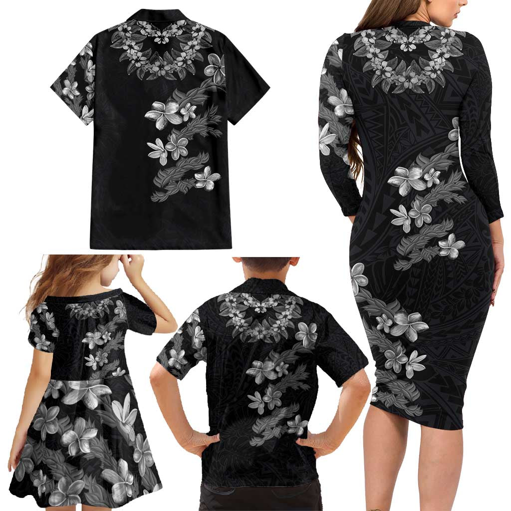 Hawaiian Lei Plumeria and Tropical Leaves Family Matching Long Sleeve Bodycon Dress and Hawaiian Shirt Watercolor Style-Grayscale