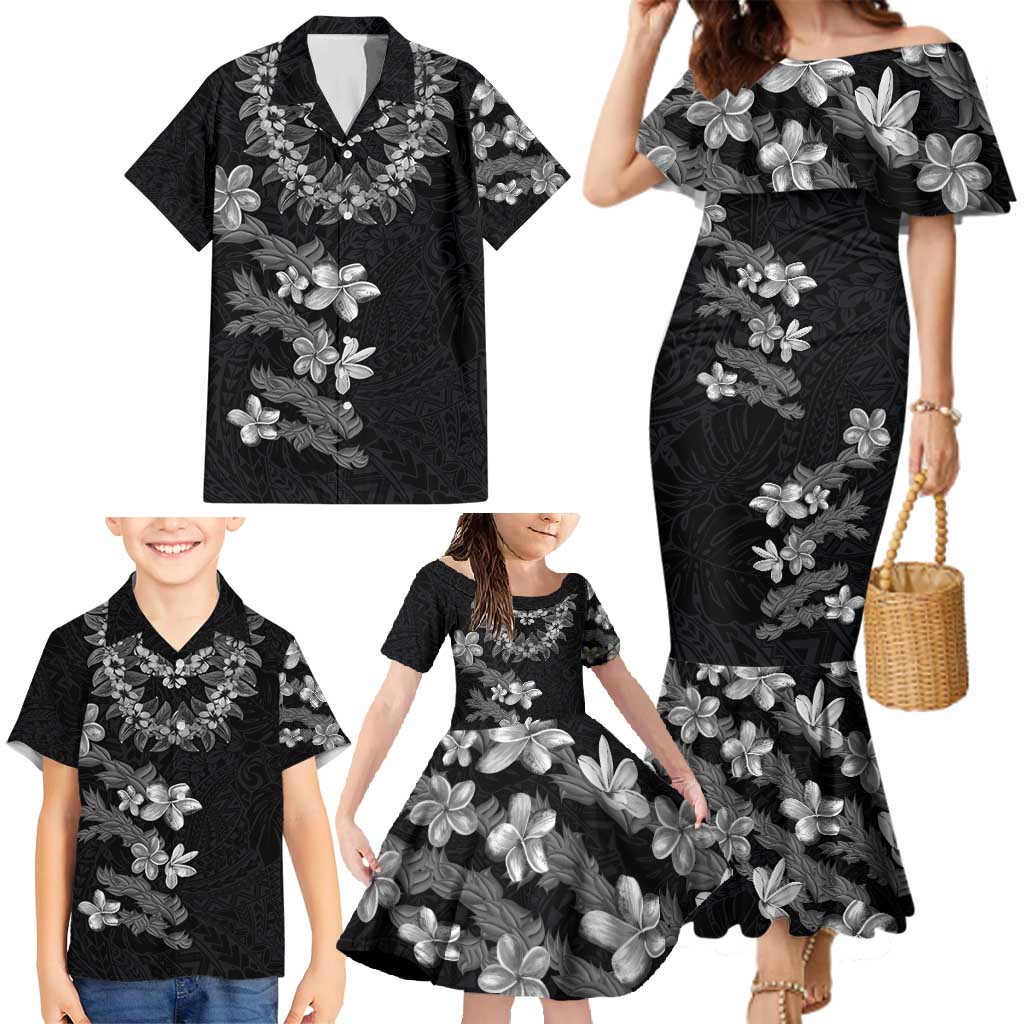 Hawaiian Lei Plumeria and Tropical Leaves Family Matching Mermaid Dress and Hawaiian Shirt Watercolor Style-Grayscale LT03 - Polynesian Pride