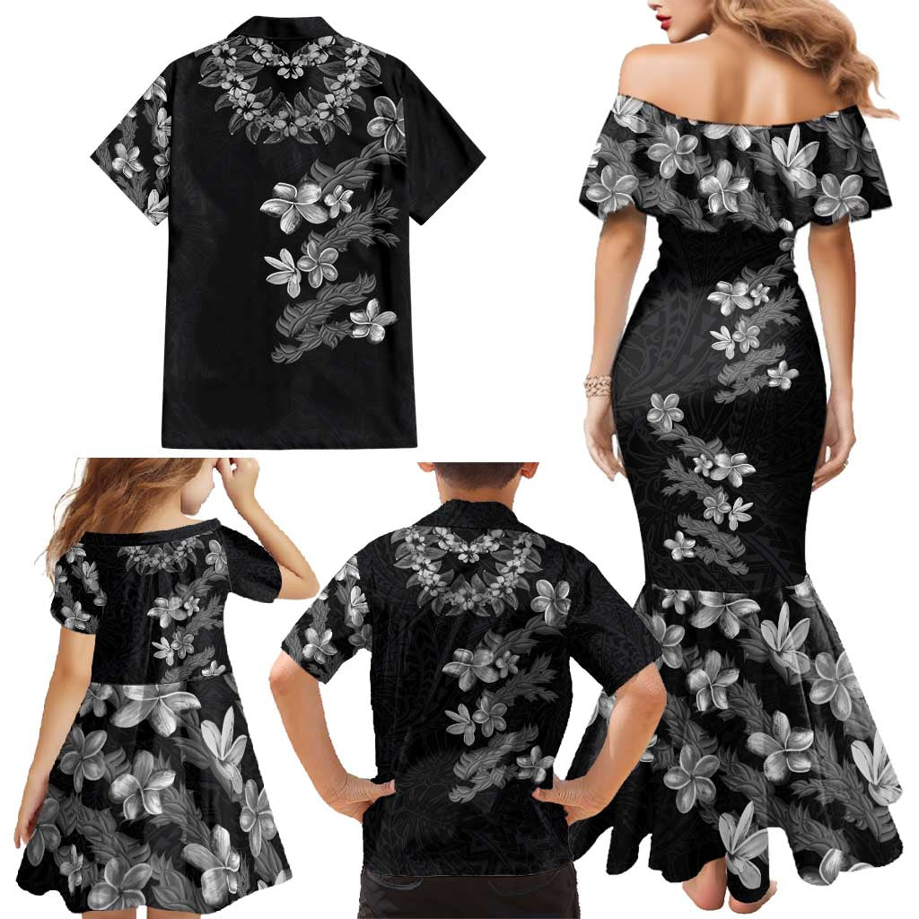 Hawaiian Lei Plumeria and Tropical Leaves Family Matching Mermaid Dress and Hawaiian Shirt Watercolor Style-Grayscale LT03 - Polynesian Pride