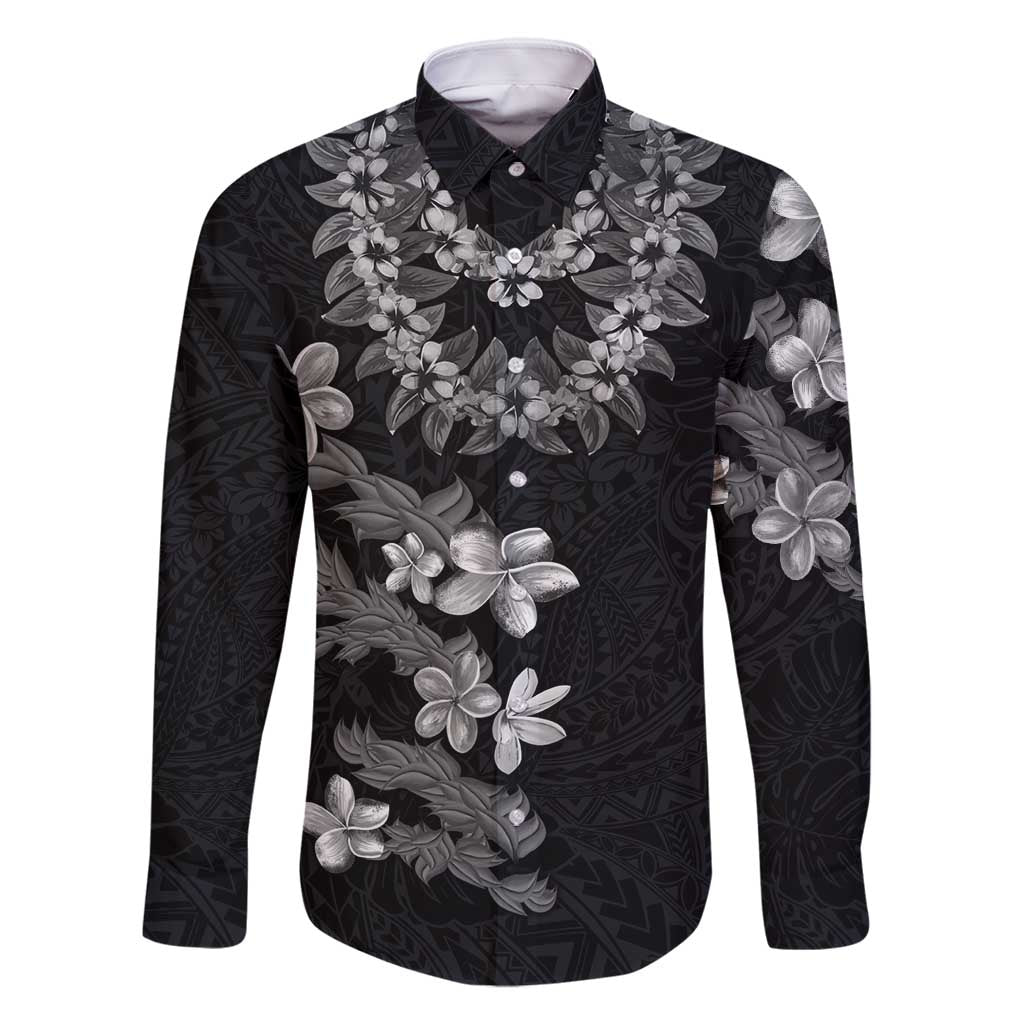 Hawaiian Lei Plumeria and Tropical Leaves Family Matching Mermaid Dress and Hawaiian Shirt Watercolor Style-Grayscale LT03 Dad's Shirt - Long Sleeve Black - Polynesian Pride