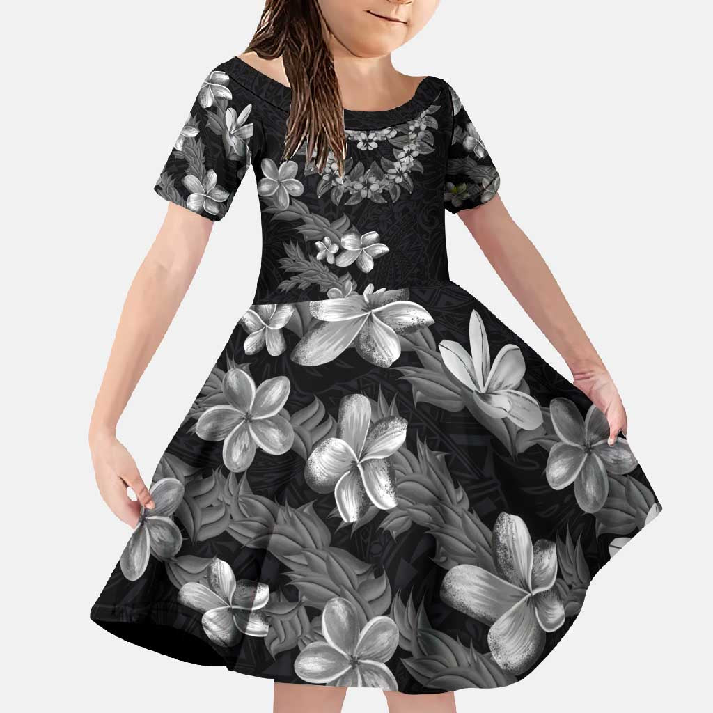 Hawaiian Lei Plumeria and Tropical Leaves Family Matching Off Shoulder Maxi Dress and Hawaiian Shirt Watercolor Style-Grayscale LT03 Daughter's Dress Black - Polynesian Pride