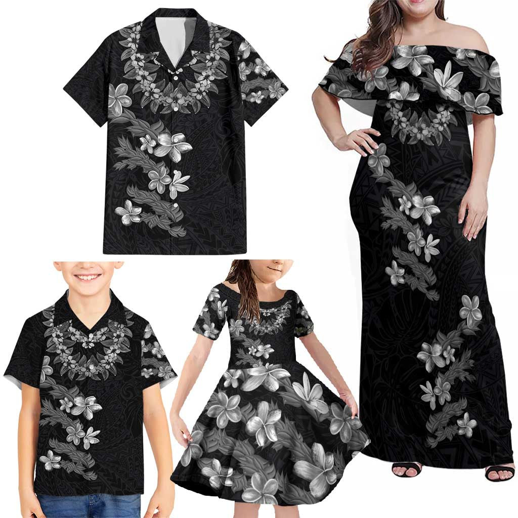 Hawaiian Lei Plumeria and Tropical Leaves Family Matching Off Shoulder Maxi Dress and Hawaiian Shirt Watercolor Style-Grayscale LT03 - Polynesian Pride