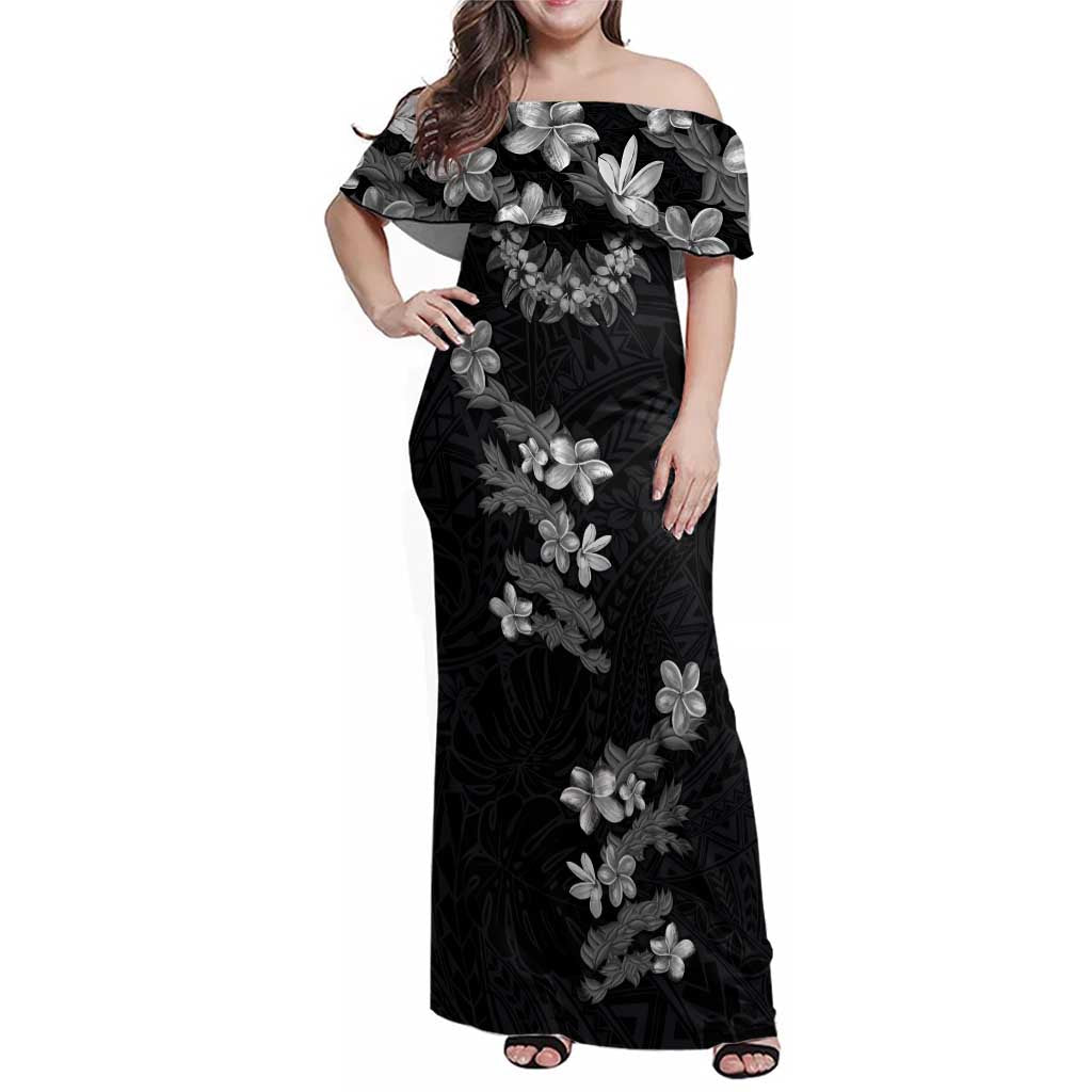 Hawaiian Lei Plumeria and Tropical Leaves Family Matching Off Shoulder Maxi Dress and Hawaiian Shirt Watercolor Style-Grayscale LT03 Mom's Dress Black - Polynesian Pride