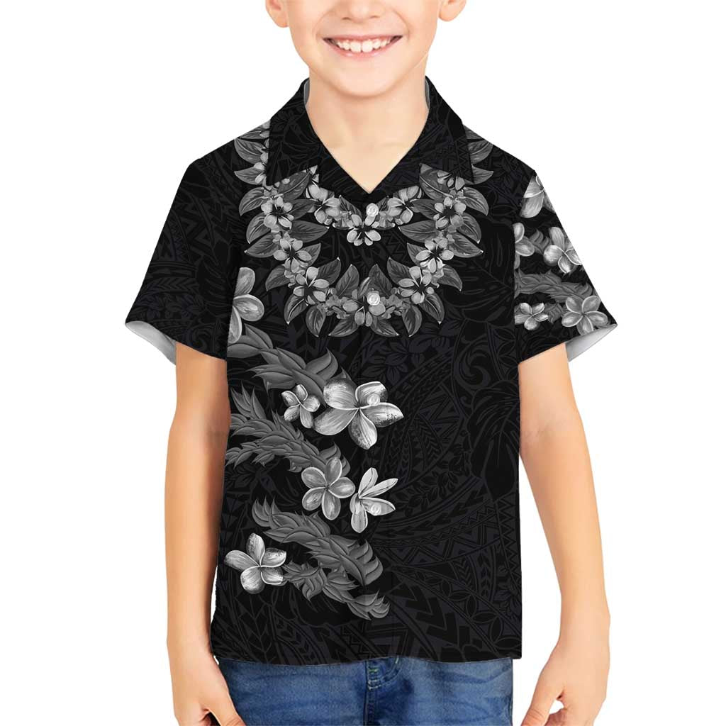 Hawaiian Lei Plumeria and Tropical Leaves Family Matching Off Shoulder Maxi Dress and Hawaiian Shirt Watercolor Style-Grayscale LT03 Son's Shirt Black - Polynesian Pride