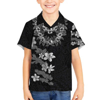 Hawaiian Lei Plumeria and Tropical Leaves Family Matching Off Shoulder Maxi Dress and Hawaiian Shirt Watercolor Style-Grayscale LT03 Son's Shirt Black - Polynesian Pride