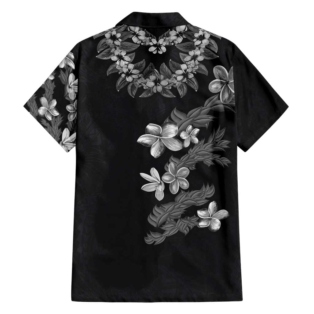 Hawaiian Lei Plumeria and Tropical Leaves Family Matching Off Shoulder Short Dress and Hawaiian Shirt Watercolor Style-Grayscale