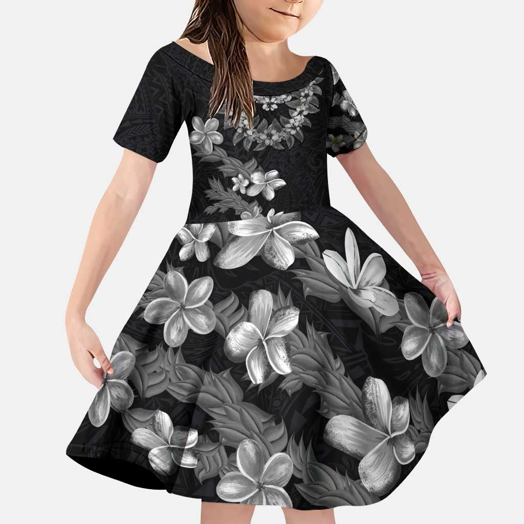 Hawaiian Lei Plumeria and Tropical Leaves Family Matching Puletasi and Hawaiian Shirt Watercolor Style-Grayscale LT03 Daughter's Dress Black - Polynesian Pride