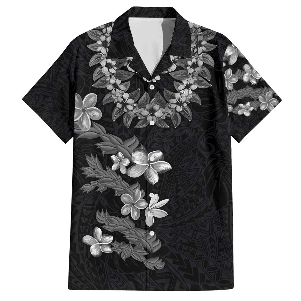 Hawaiian Lei Plumeria and Tropical Leaves Family Matching Puletasi and Hawaiian Shirt Watercolor Style-Grayscale LT03 Dad's Shirt - Short Sleeve Black - Polynesian Pride