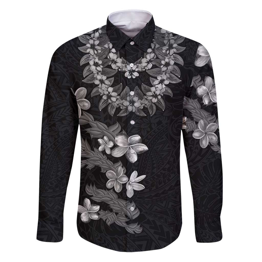 Hawaiian Lei Plumeria and Tropical Leaves Family Matching Puletasi and Hawaiian Shirt Watercolor Style-Grayscale LT03 Dad's Shirt - Long Sleeve Black - Polynesian Pride