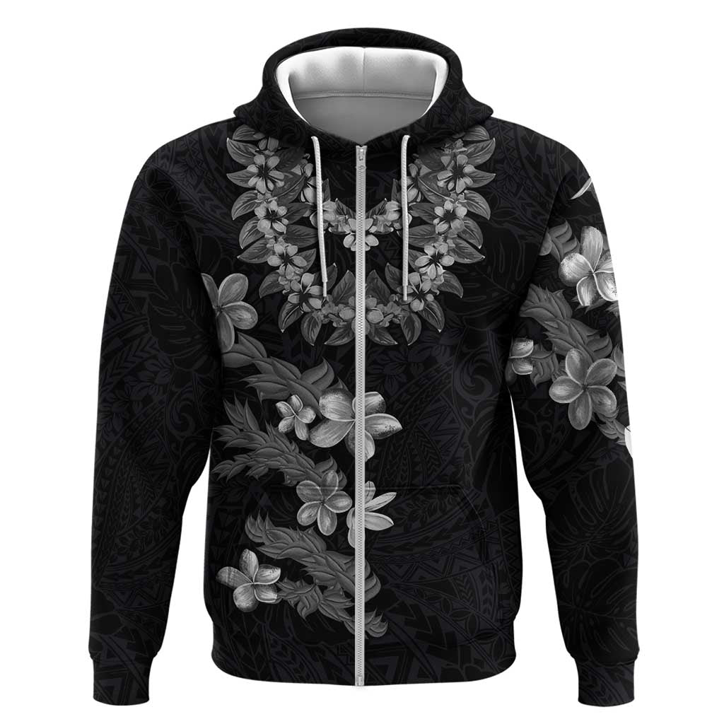 Hawaiian Lei Plumeria and Tropical Leaves Hoodie Watercolor Style-Grayscale LT03 Zip Hoodie Black - Polynesian Pride