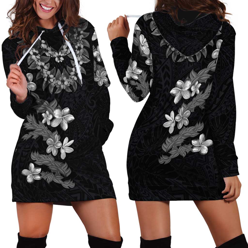 Hawaiian Lei Plumeria and Tropical Leaves Hoodie Dress Watercolor Style-Grayscale LT03 - Polynesian Pride