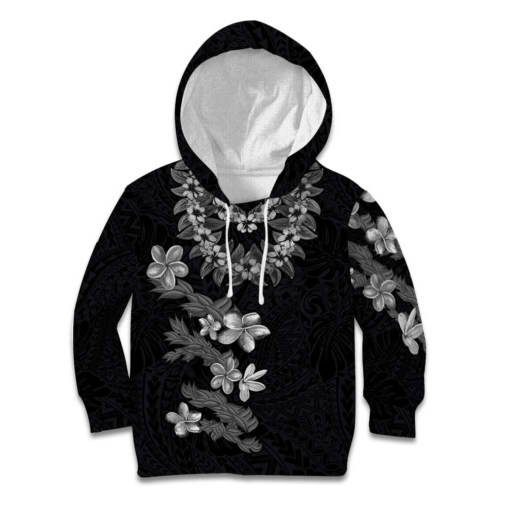 Hawaiian Lei Plumeria and Tropical Leaves Kid Hoodie Watercolor Style-Grayscale LT03 Hoodie Black - Polynesian Pride