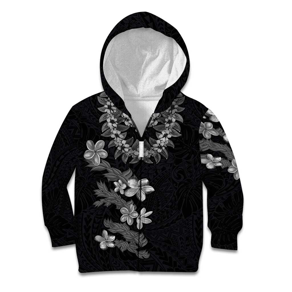 Hawaiian Lei Plumeria and Tropical Leaves Kid Hoodie Watercolor Style-Grayscale LT03 Zip Hoodie Black - Polynesian Pride
