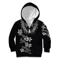 Hawaiian Lei Plumeria and Tropical Leaves Kid Hoodie Watercolor Style-Grayscale LT03 Zip Hoodie Black - Polynesian Pride
