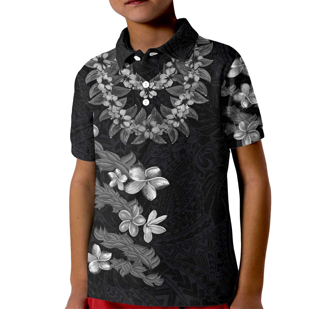 Hawaiian Lei Plumeria and Tropical Leaves Kid Polo Shirt Watercolor Style-Grayscale LT03 Kid Black - Polynesian Pride