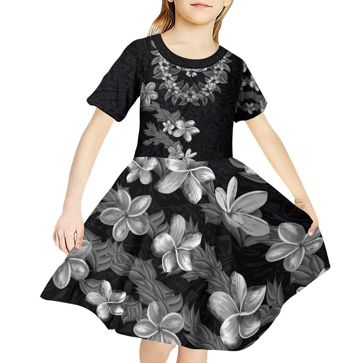 Hawaiian Lei Plumeria and Tropical Leaves Kid Short Sleeve Dress Watercolor Style-Grayscale LT03 - Polynesian Pride