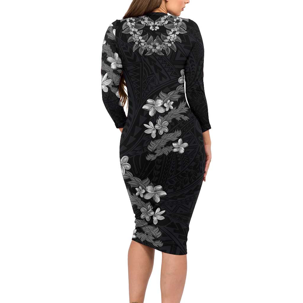 Hawaiian Lei Plumeria and Tropical Leaves Long Sleeve Bodycon Dress Watercolor Style-Grayscale LT03 - Polynesian Pride