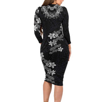 Hawaiian Lei Plumeria and Tropical Leaves Long Sleeve Bodycon Dress Watercolor Style-Grayscale LT03 - Polynesian Pride