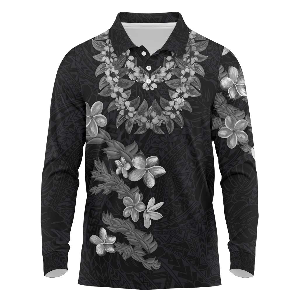 Hawaiian Lei Plumeria and Tropical Leaves Long Sleeve Polo Shirt Watercolor Style-Grayscale LT03 Black - Polynesian Pride