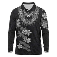 Hawaiian Lei Plumeria and Tropical Leaves Long Sleeve Polo Shirt Watercolor Style-Grayscale LT03 Black - Polynesian Pride