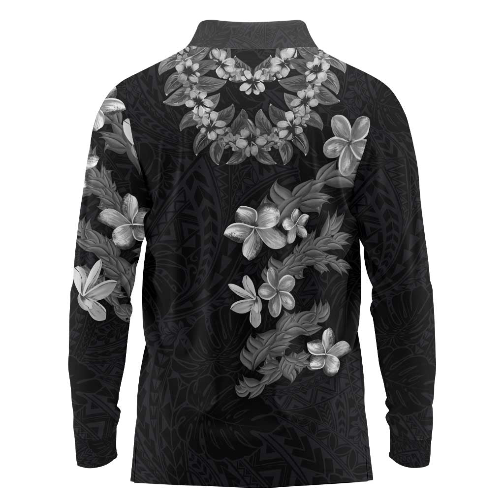 Hawaiian Lei Plumeria and Tropical Leaves Long Sleeve Polo Shirt Watercolor Style-Grayscale LT03 - Polynesian Pride