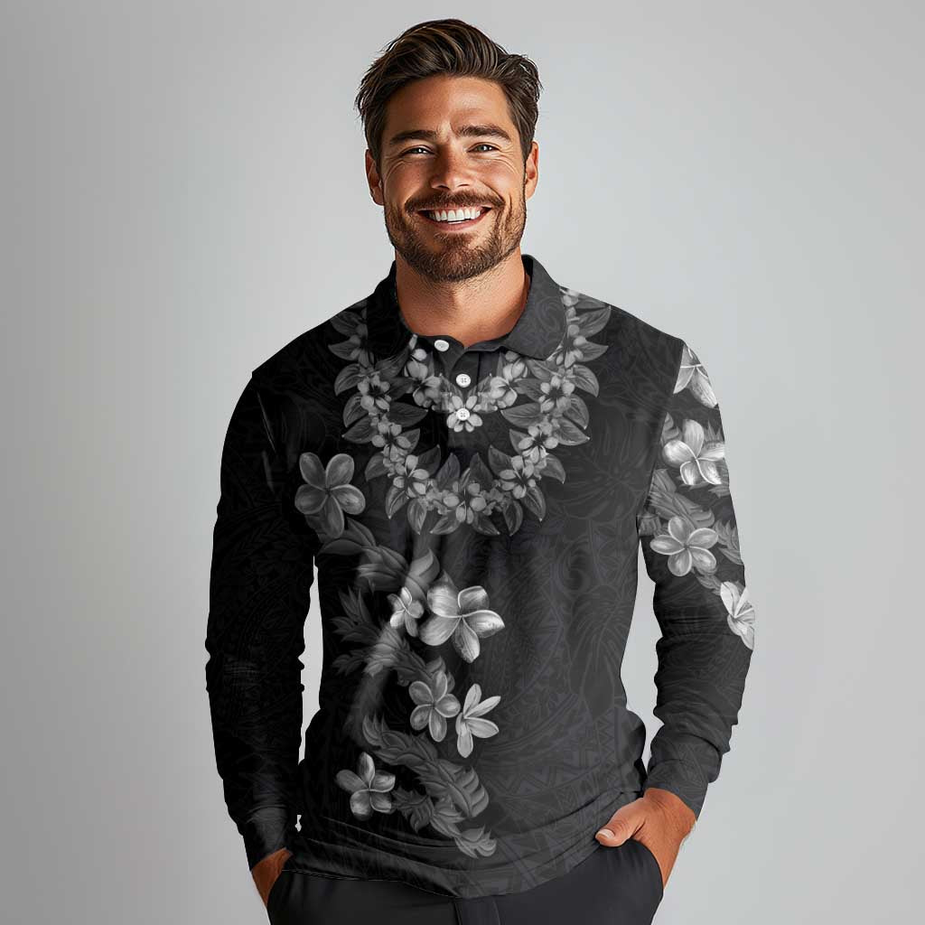 Hawaiian Lei Plumeria and Tropical Leaves Long Sleeve Polo Shirt Watercolor Style-Grayscale LT03 - Polynesian Pride