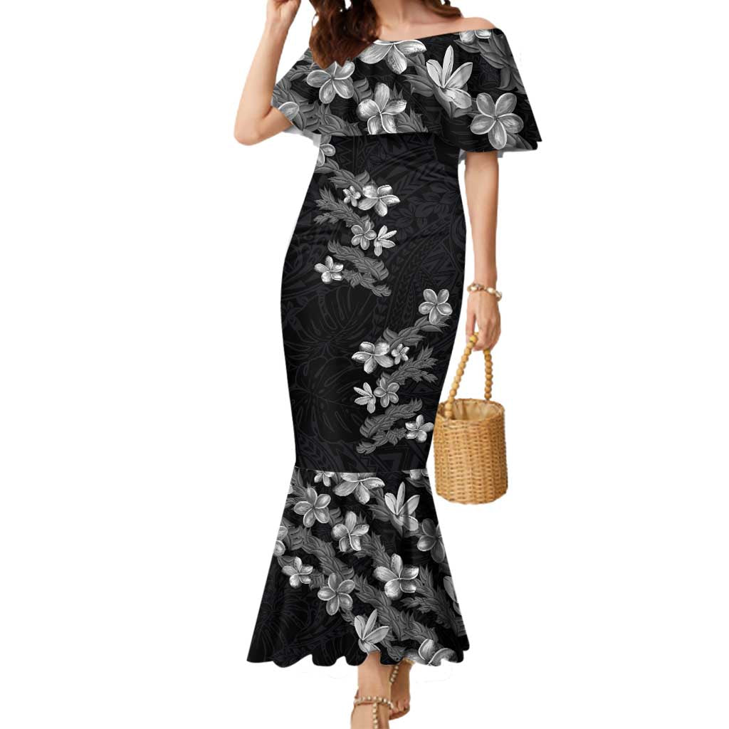 Hawaiian Lei Plumeria and Tropical Leaves Mermaid Dress Watercolor Style-Grayscale LT03 Women Black - Polynesian Pride