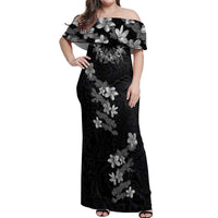 Hawaiian Lei Plumeria and Tropical Leaves Off Shoulder Maxi Dress Watercolor Style-Grayscale LT03 Women Black - Polynesian Pride