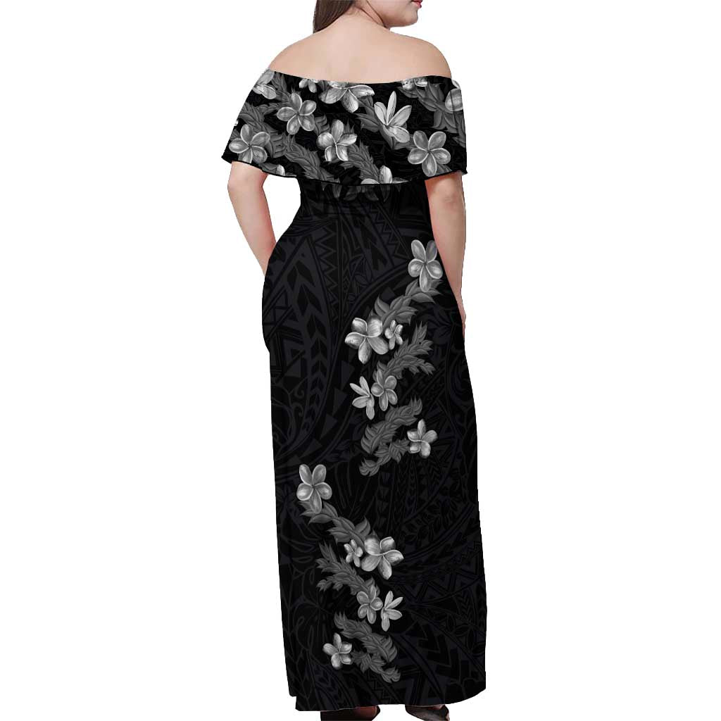 Hawaiian Lei Plumeria and Tropical Leaves Off Shoulder Maxi Dress Watercolor Style-Grayscale LT03 - Polynesian Pride