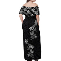 Hawaiian Lei Plumeria and Tropical Leaves Off Shoulder Maxi Dress Watercolor Style-Grayscale LT03 - Polynesian Pride